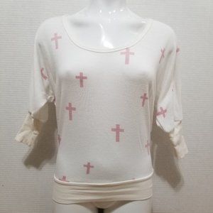 Living Doll sweater XS cross print dolman sleeve knit pastel mall goth punk
